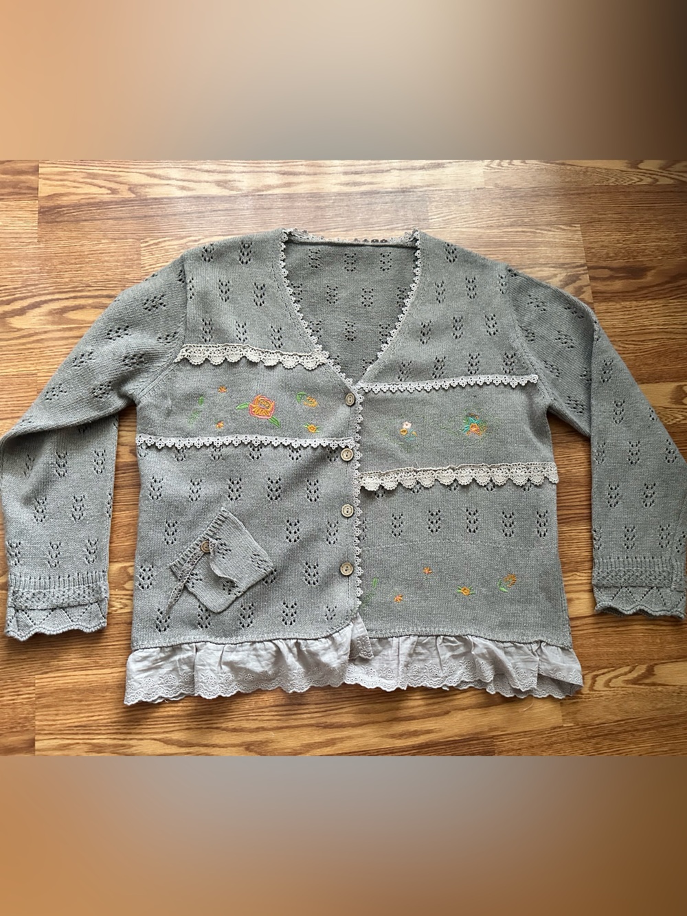 XL Embroidered Gray Crochet-Trim Women's Cardigan Sweater